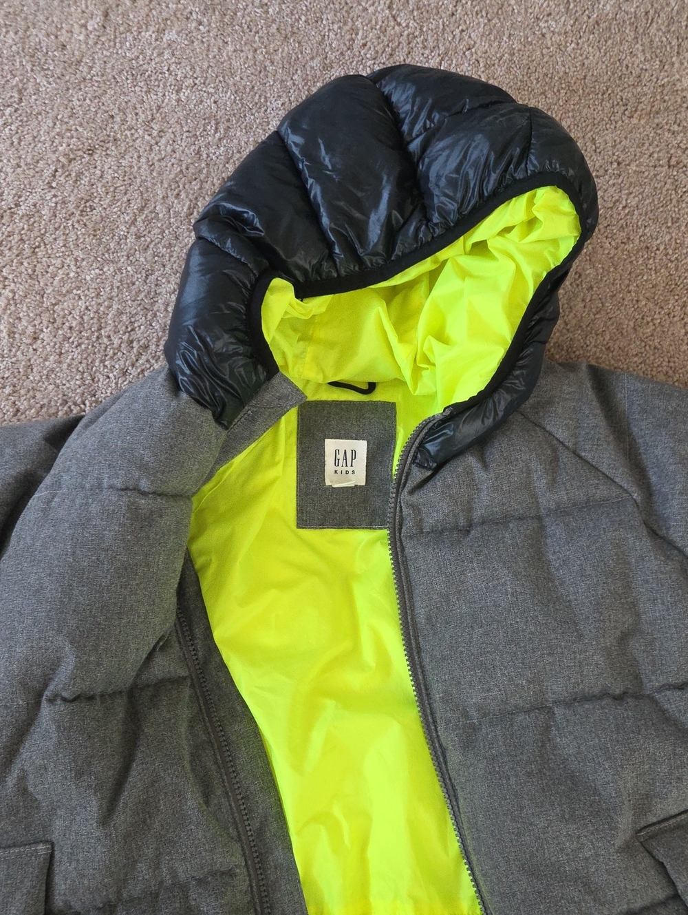 GAP Kids Heather Gray Puffer Jacket with Neon Yellow Lining and Black Hood
